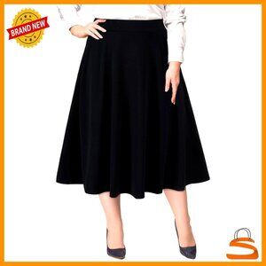 Plus Size Midi Skirt High Elastic Waist A-Line Flared with Pockets